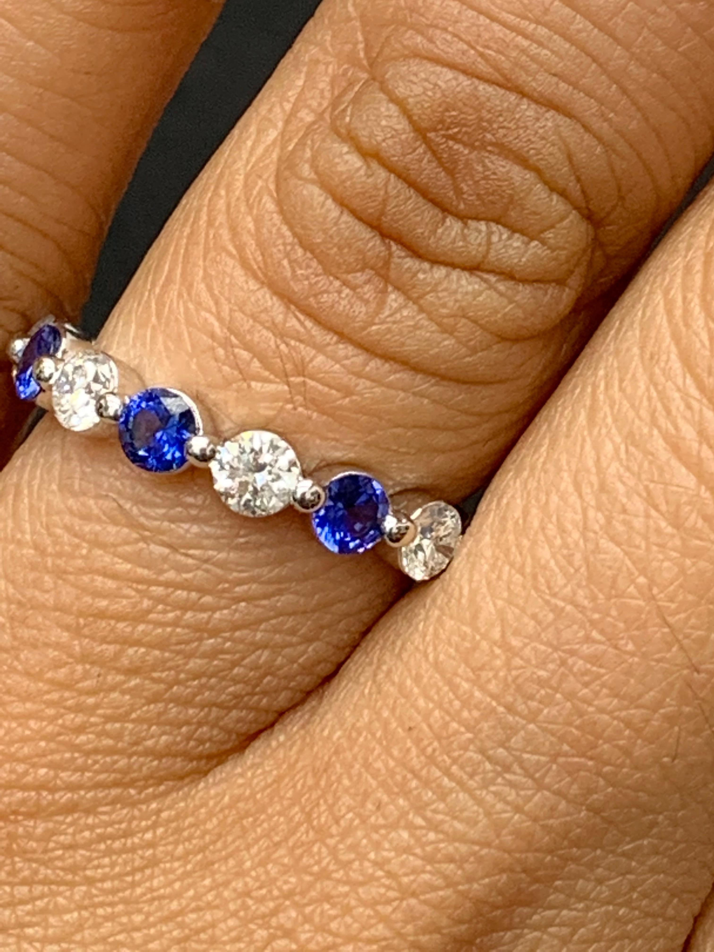 0,51 quilates zafiro talla brillante y diamante 7 piedras Alianza de boda Oro blanco de 14 quilates Contemporáneo en venta
