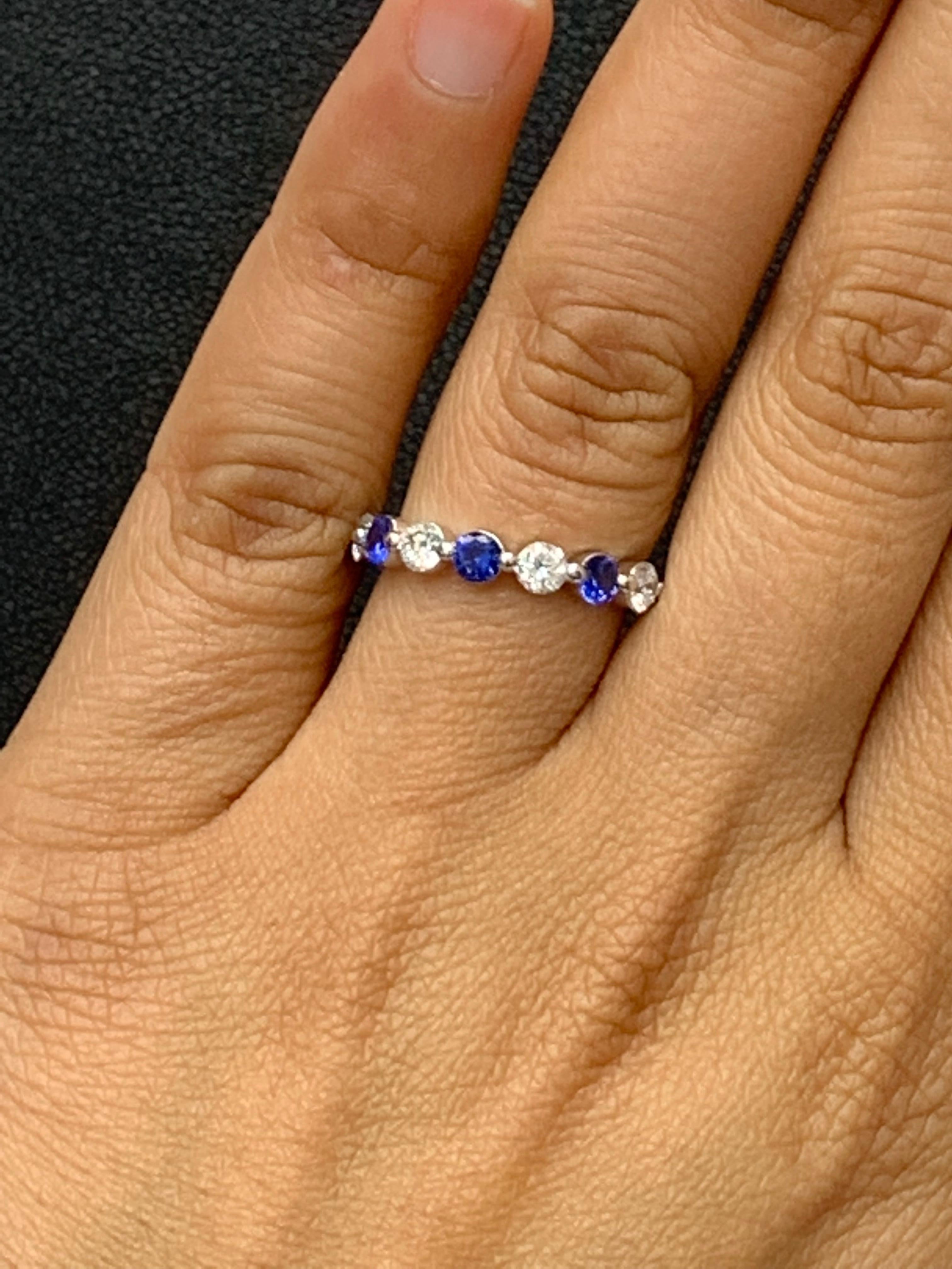 0,51 quilates zafiro talla brillante y diamante 7 piedras Alianza de boda Oro blanco de 14 quilates Corte brillante en venta