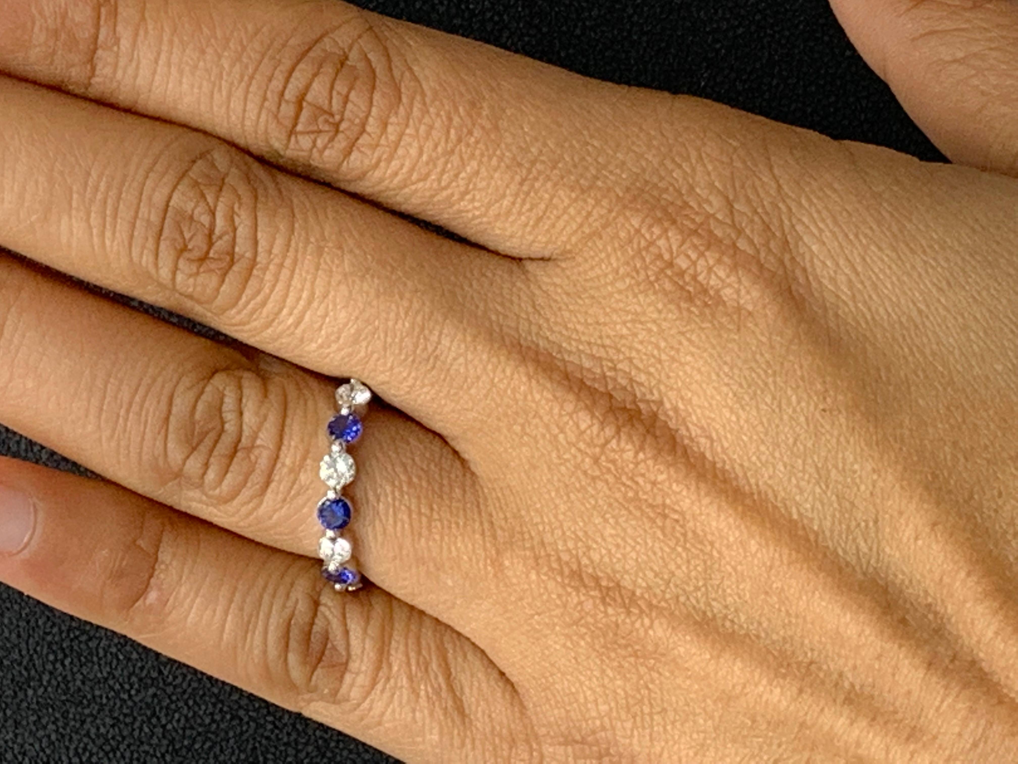 0,51 quilates zafiro talla brillante y diamante 7 piedras Alianza de boda Oro blanco de 14 quilates en venta 2