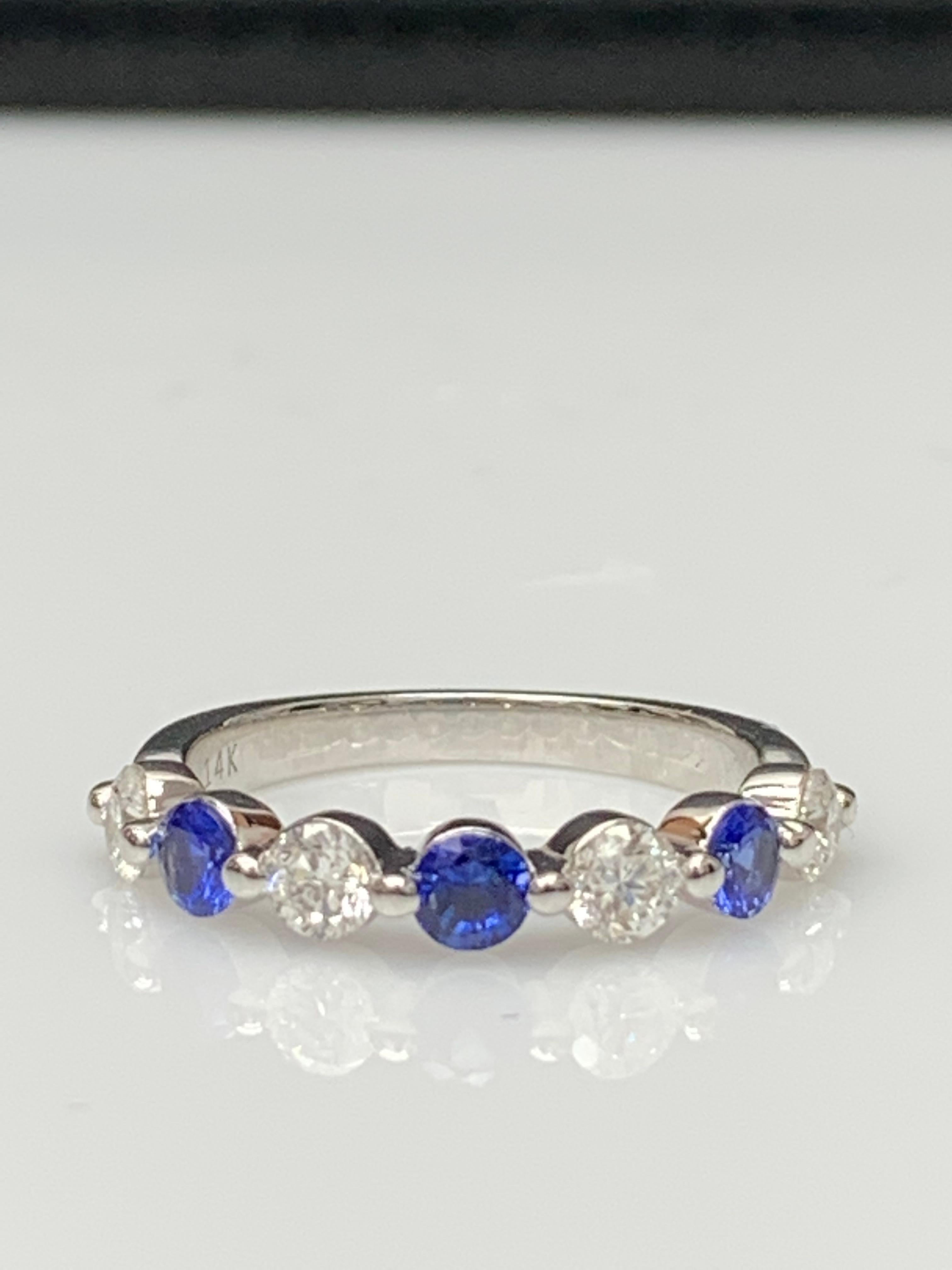 0,51 quilates zafiro talla brillante y diamante 7 piedras Alianza de boda Oro blanco de 14 quilates en venta 3