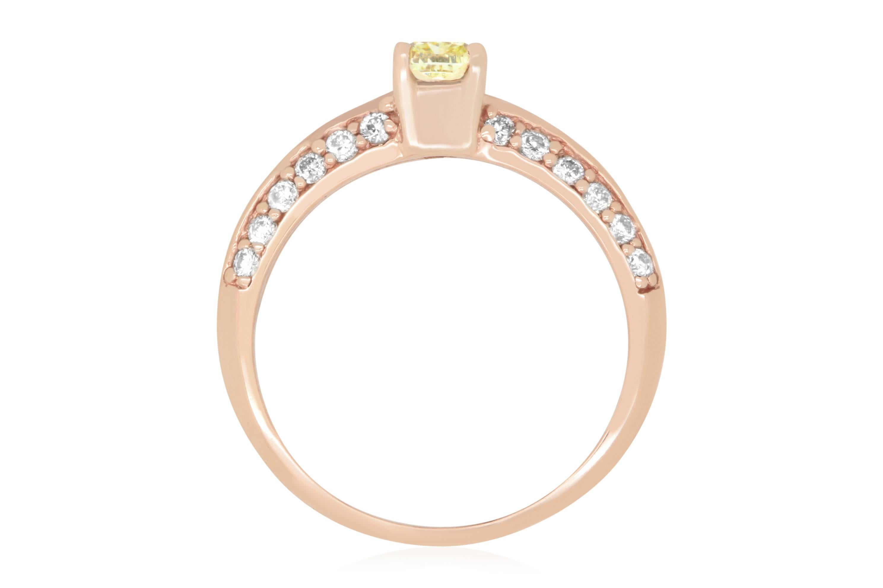 Material: 14k Rose Gold 
Center Stone Details: 1 Cushion Cut Yellow Diamond at 0.51 Carats 
Stone Details: 24 Round White Diamonds at 0.37 Carats - Carat - Clarity: VS-SI  / Color: H-I
Ring Size: Size 6.5. Alberto offers complimentary sizing on all