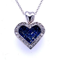 0.51 Carat Diamond/1.47 Carat Blue Sapphire 18K Gold Hearts Pendant Necklace