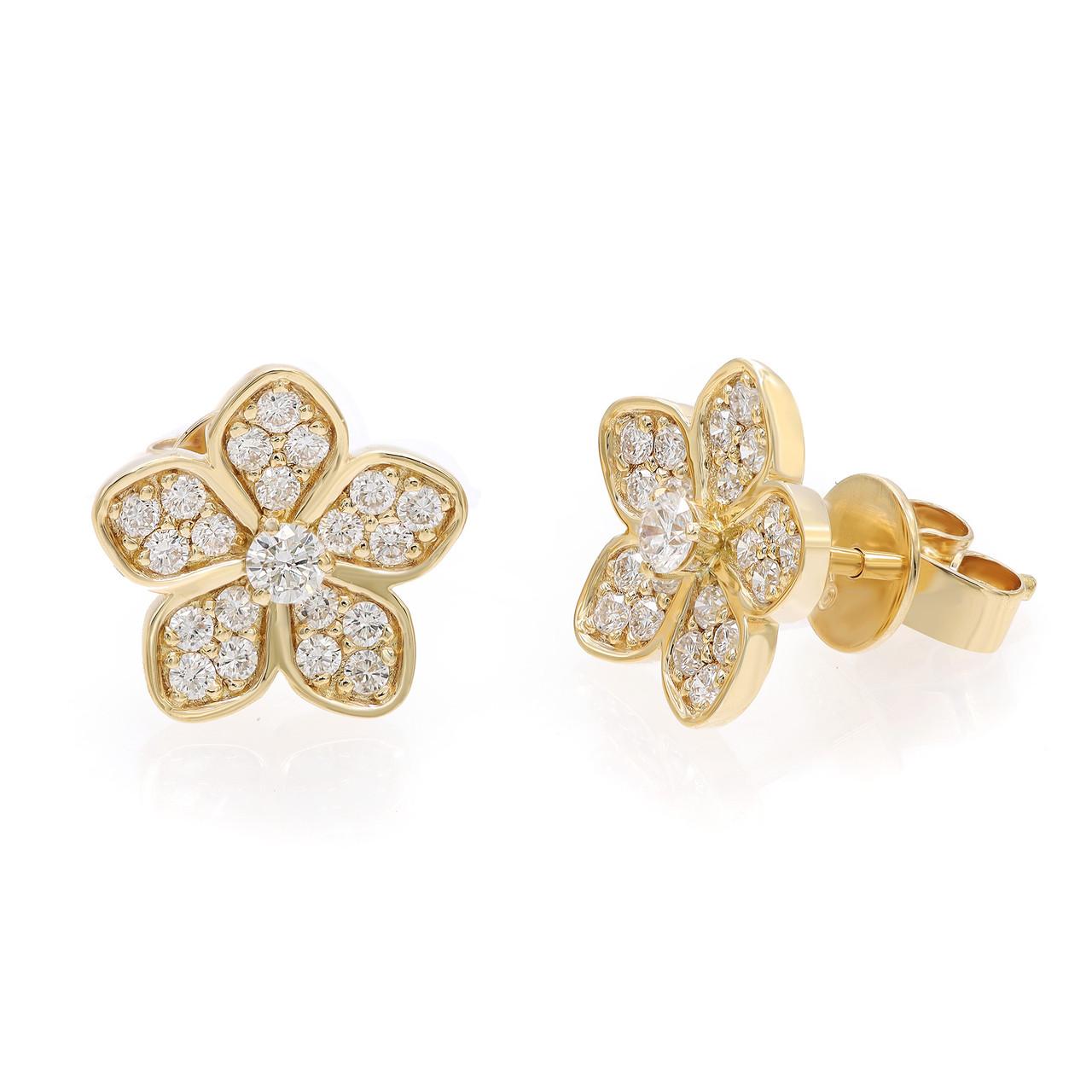 Round Cut 0.51 Carat Diamond Flower Stud Earrings 18K Yellow Gold  For Sale