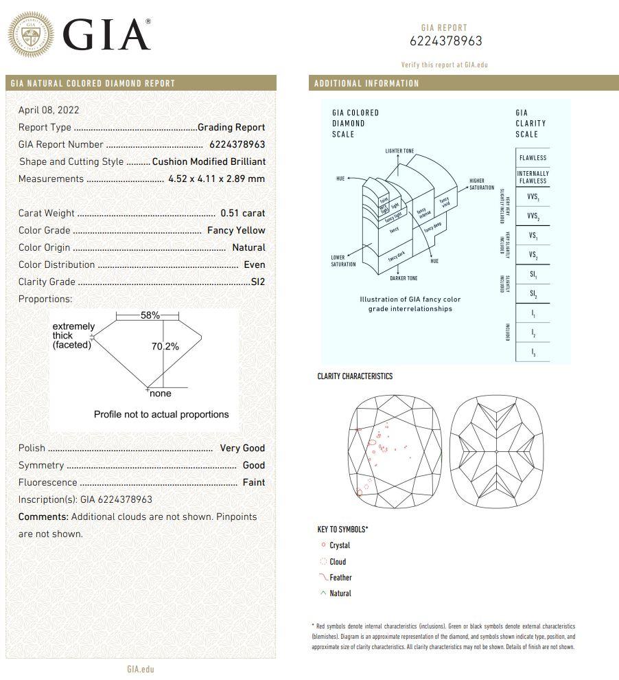 0.51 Carat Fancy Yellow Cushion cut diamond SI2 Clarity GIA Certified For Sale 2