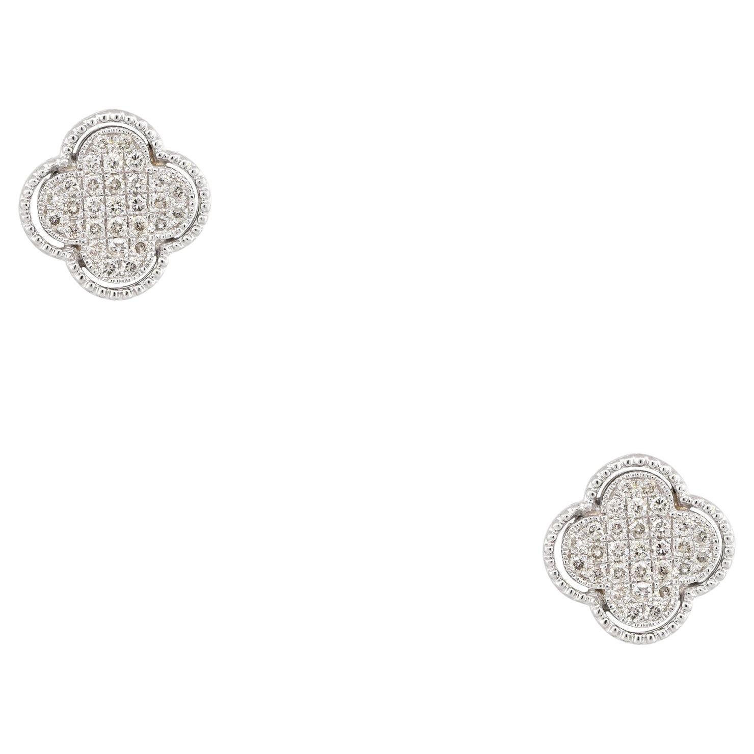 0.51 Carat Pave Diamond Clover Stud Earrings 14 Karat in Stock For Sale