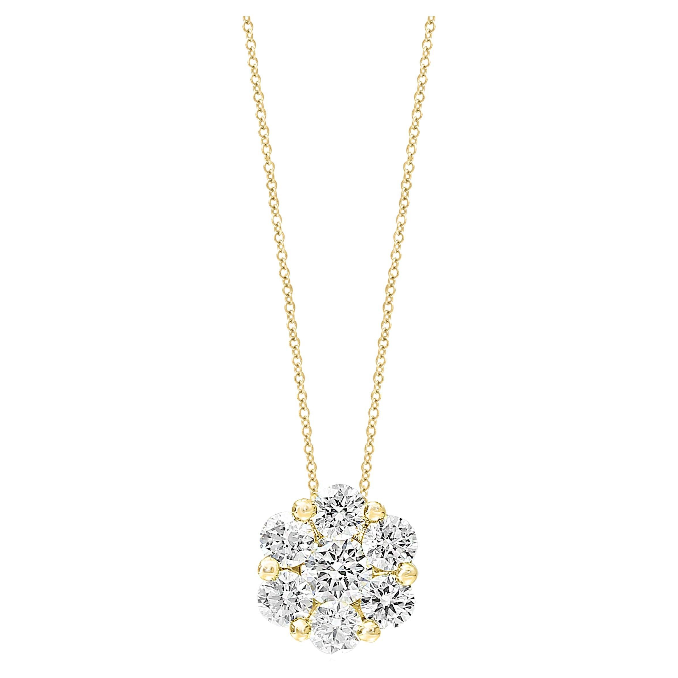 0.51 Carat Round Diamond Cluster Flower Pendant Necklace in 18k Yellow Gold