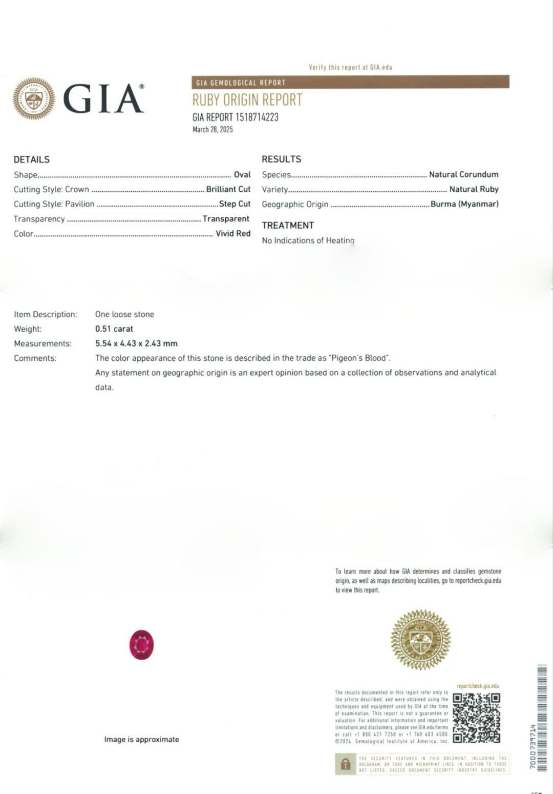 0.51 Ct GIA Certified Natural Unheated Burma Ruby Pigeon Blood Color Gemstone (Gemma di colore sangue di piccione) in vendita 4