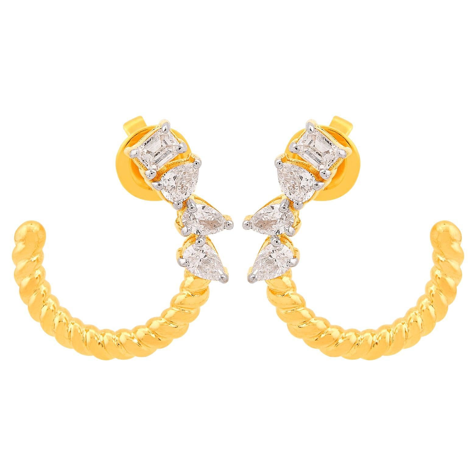 0.51 Ct SI/HI Pear & Emerald Cut Diamond Half Hoop Earrings 18 Karat Yellow Gold For Sale