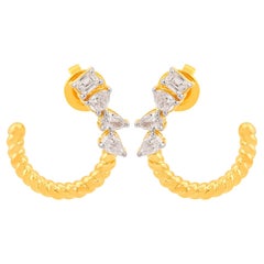 Boucles d'oreilles demi-cerceau en or jaune 18 carats avec poire et diamant taille émeraude 0,51 Ct SI/HI