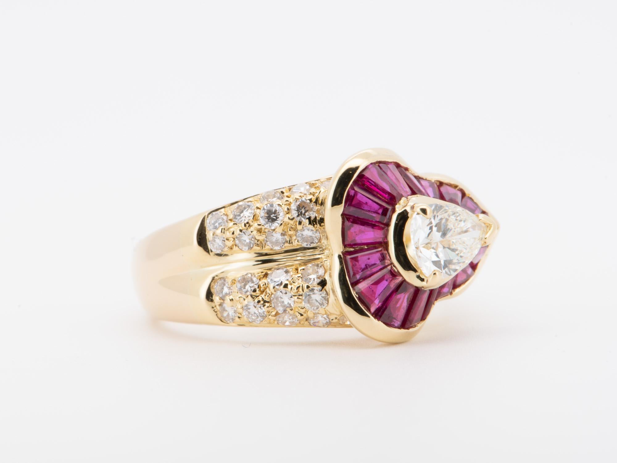 ♥ This is a stunning ring featuring a 0.51ct pear-shape diamond in the center, surrounded by a halo of baguette rubies, and brilliant diamond pave on the band
♥ Super unique design! Will make a statement whether to be used as an engagement ring or a