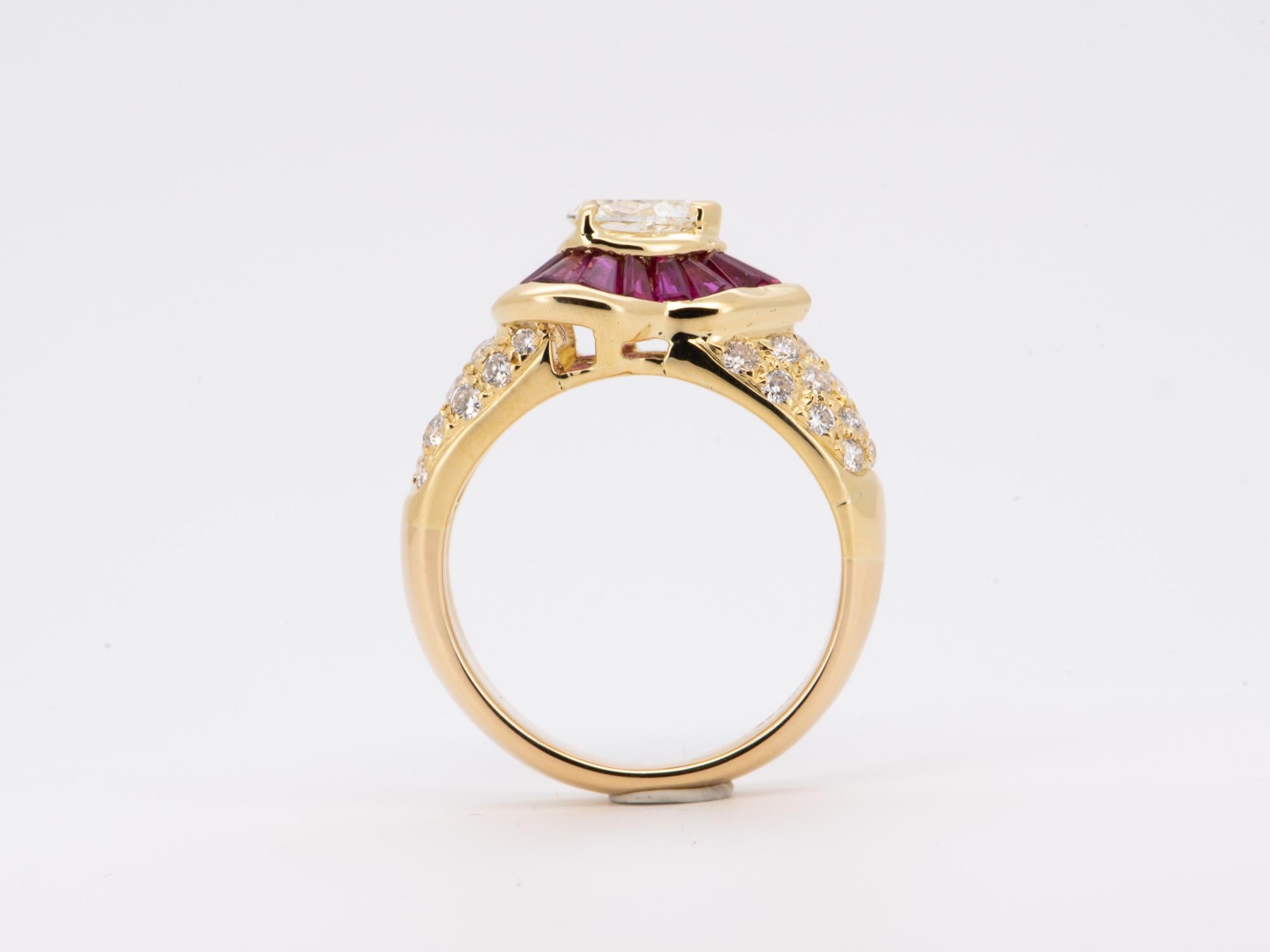 Baguette Cut 0.51ct Certified Center Diamond and Baguette Ruby Halo Ring 18K Gold R6730 For Sale