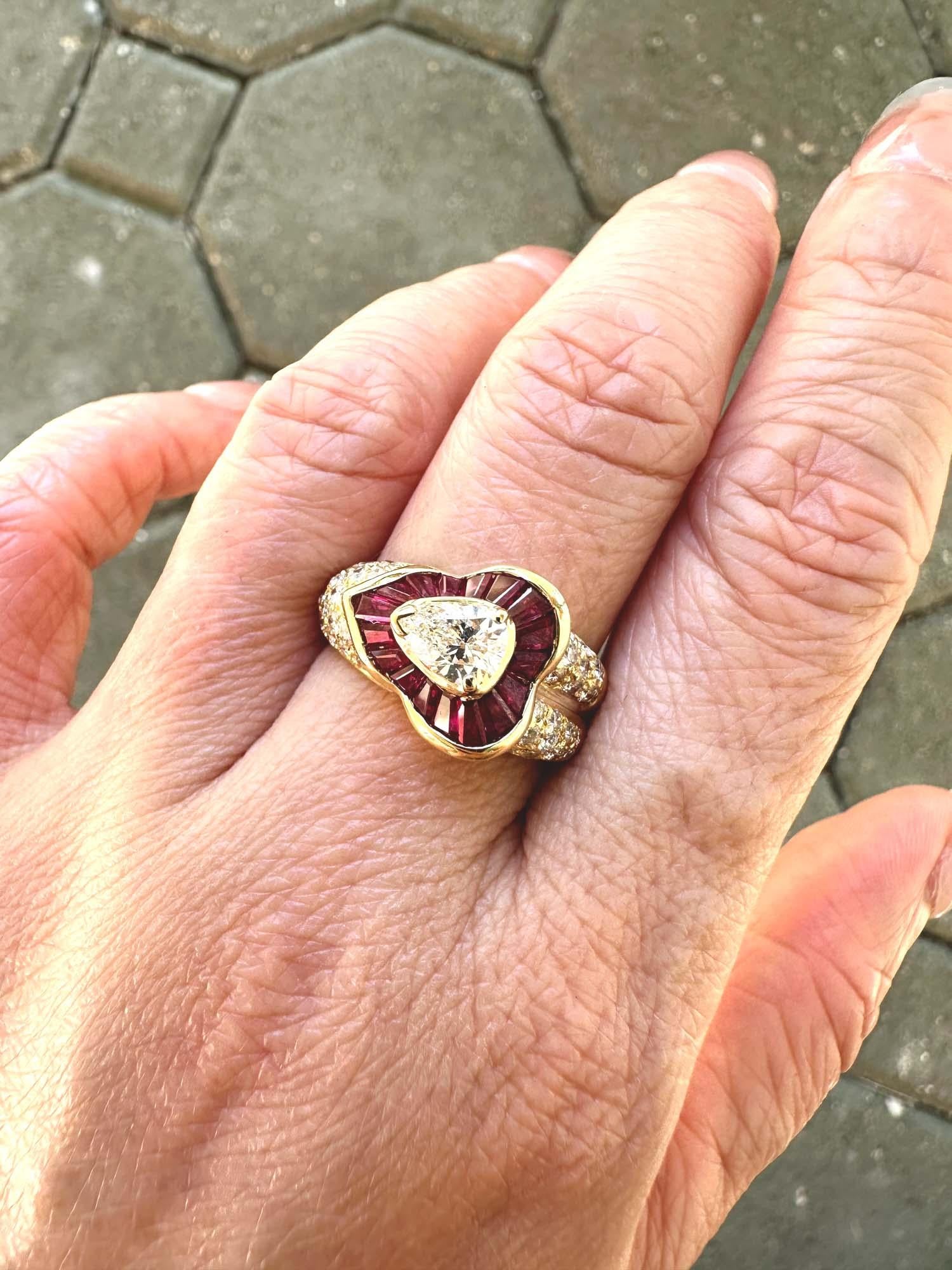 Women's or Men's 0.51ct Certified Center Diamond and Baguette Ruby Halo Ring 18K Gold R6730 For Sale