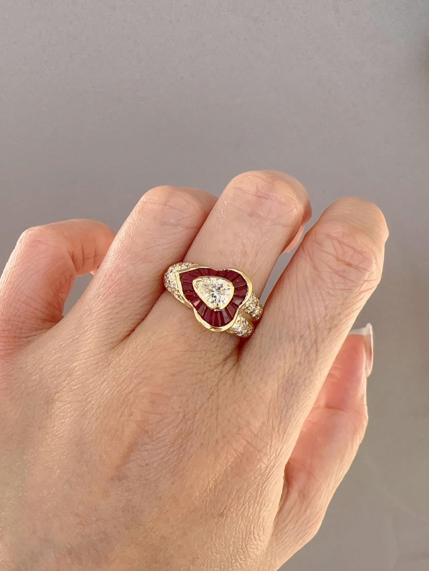 0.51ct Certified Center Diamond and Baguette Ruby Halo Ring 18K Gold R6730 For Sale 3