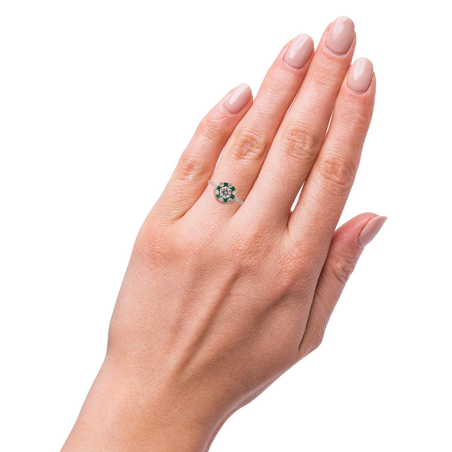 Brilliant Cut 0.51ct Diamond and 0.21ctw Emerald Platinum Ring '0.65ctw Diamonds' EGL USA For Sale