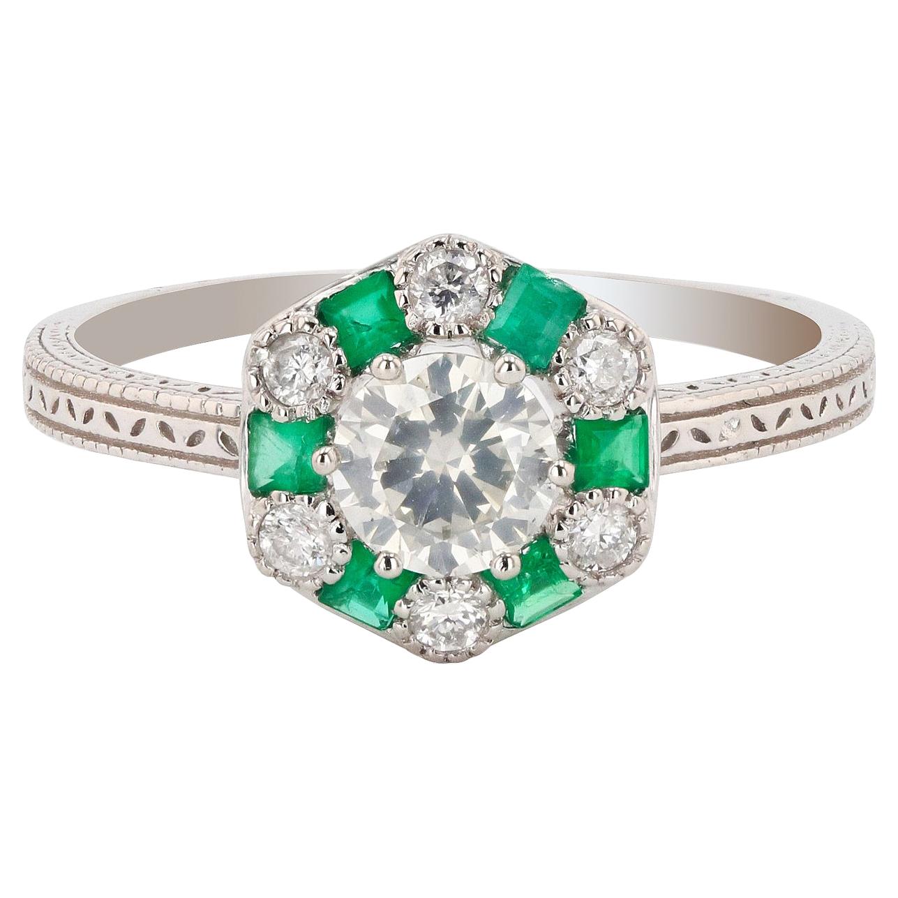 0.51ct Diamond and 0.21ctw Emerald Platinum Ring '0.65ctw Diamonds' EGL USA For Sale