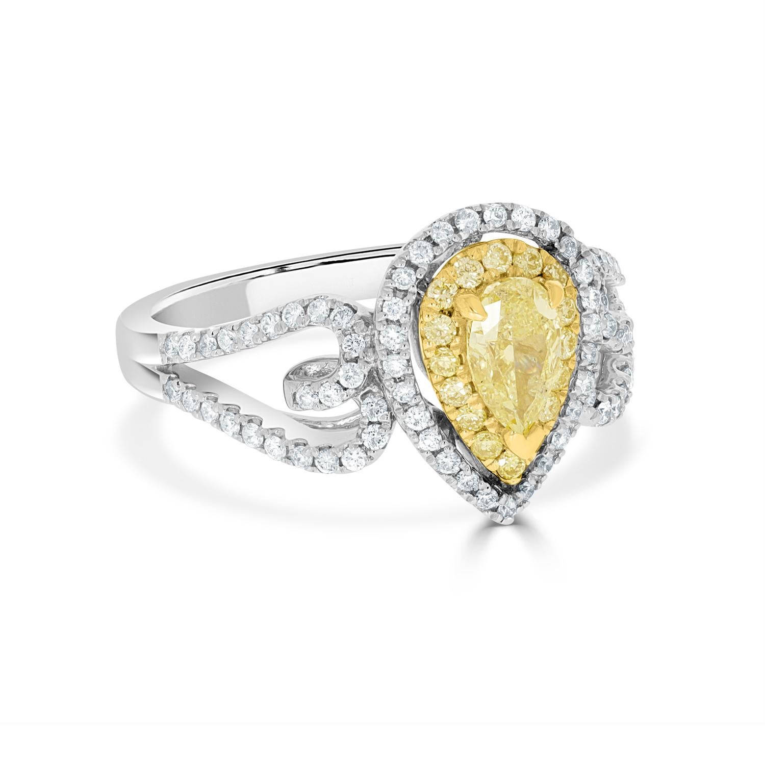 Cushion Cut 0.51tct Yellow Diamond Ring with 0.41tct Diamonds Set in 14k Two Tone Gold