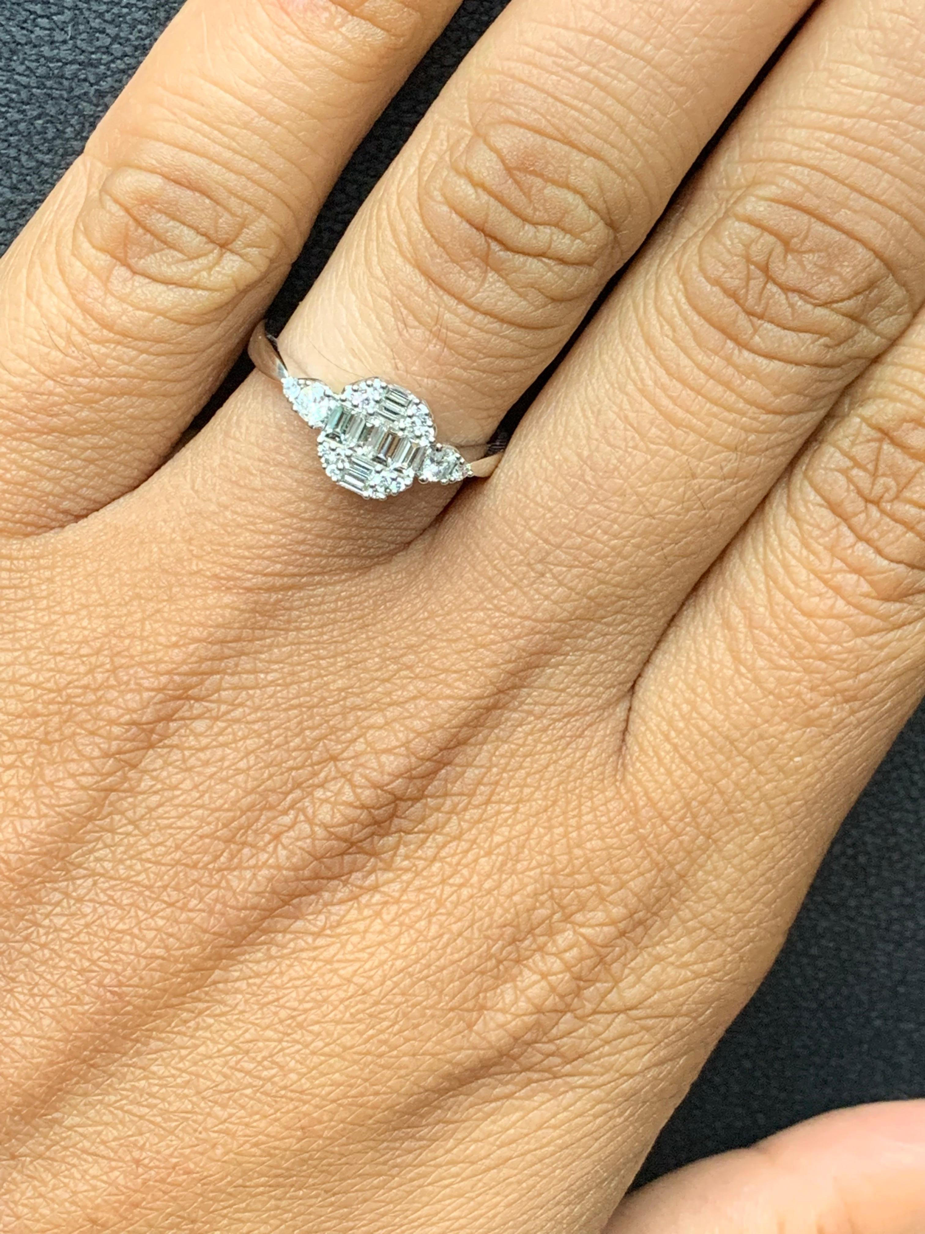 0.52 Carat Baguette and Round Diamond Engagement Ring in 18K White Gold In New Condition For Sale In NEW YORK, NY