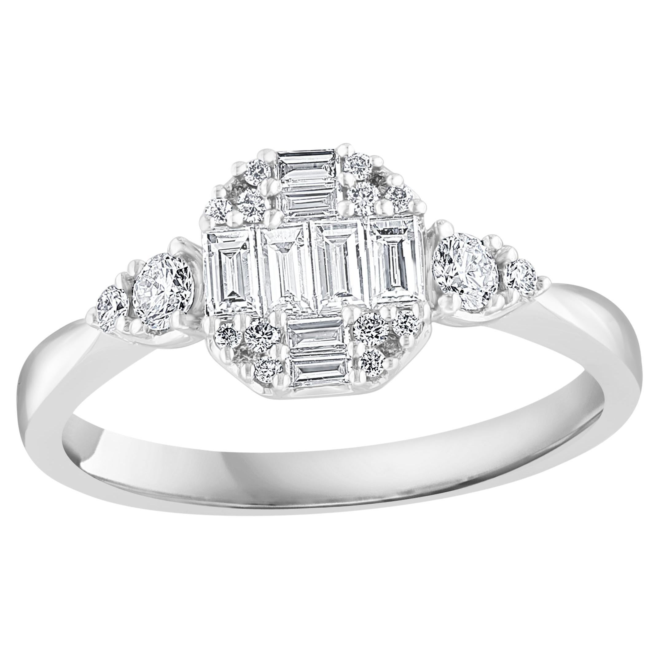 0.52 Carat Baguette and Round Diamond Engagement Ring in 18K White Gold