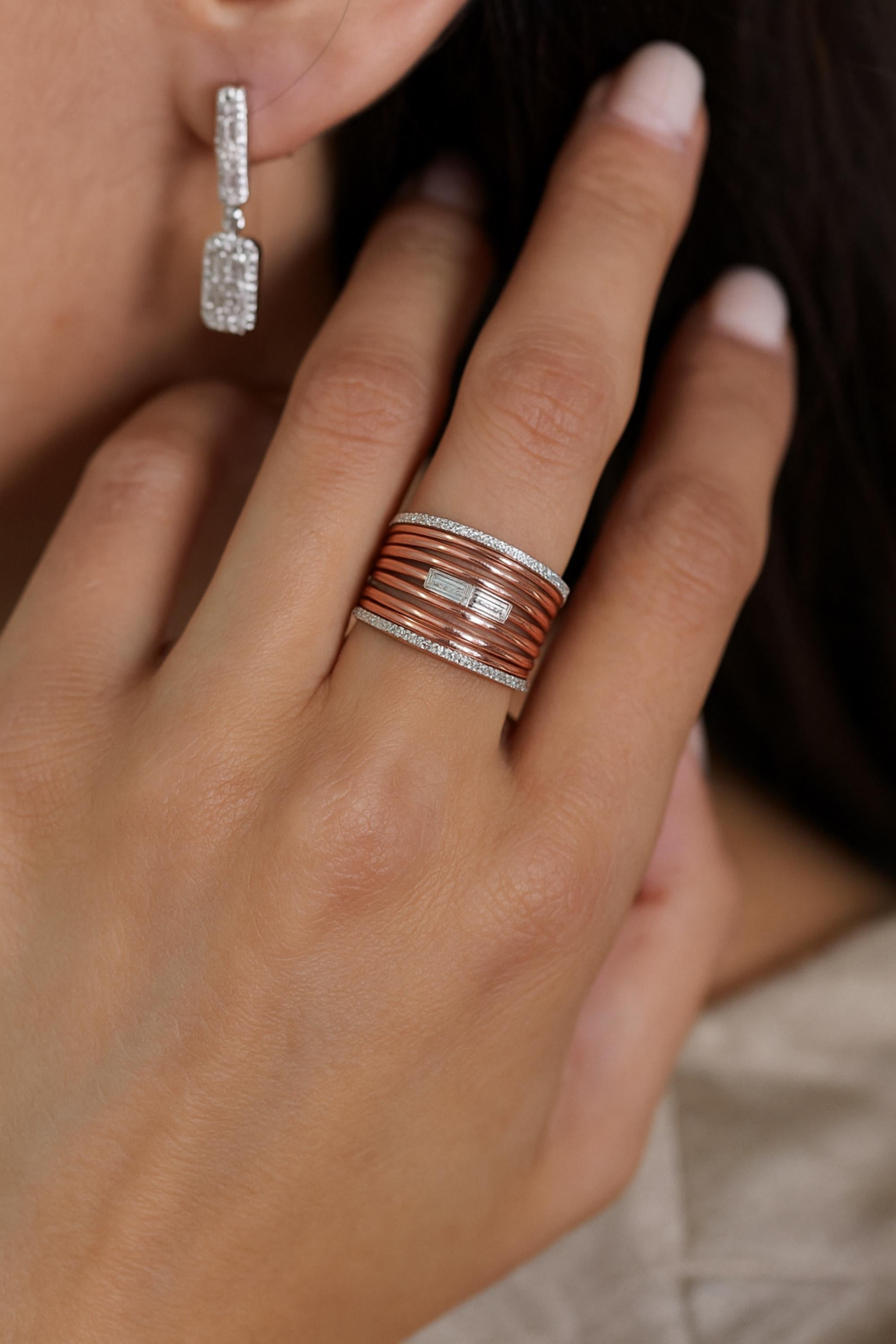 in vendita:  0,52 Carati Baguette Diamond Multi Layer Band Ring Gioielli in oro rosa 14 carati 2