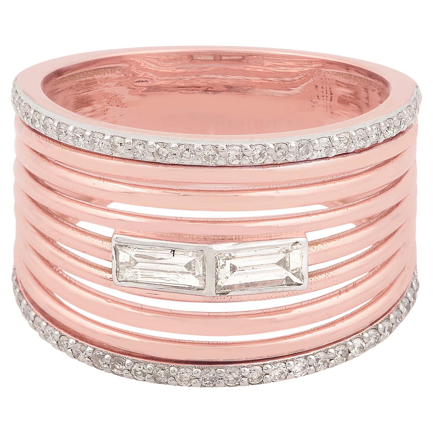 Bague à anneau en or rose 14 carats avec diamants baguettes 0,52 carat multi-couches