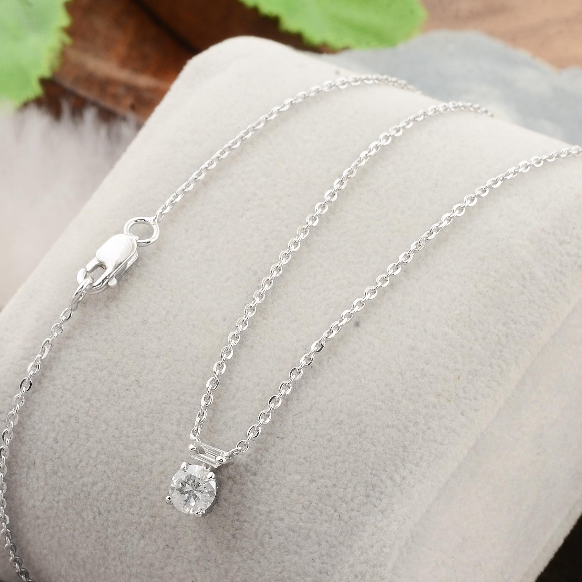 Modern 0.52 Carat Baguette Round Diamond Charm Necklace Solid 14k White Gold Jewelry For Sale