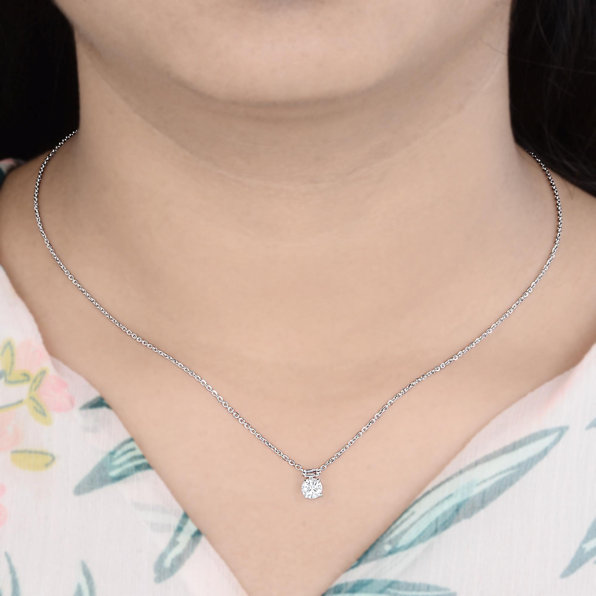 Baguette Cut 0.52 Carat Baguette Round Diamond Charm Necklace Solid 14k White Gold Jewelry For Sale