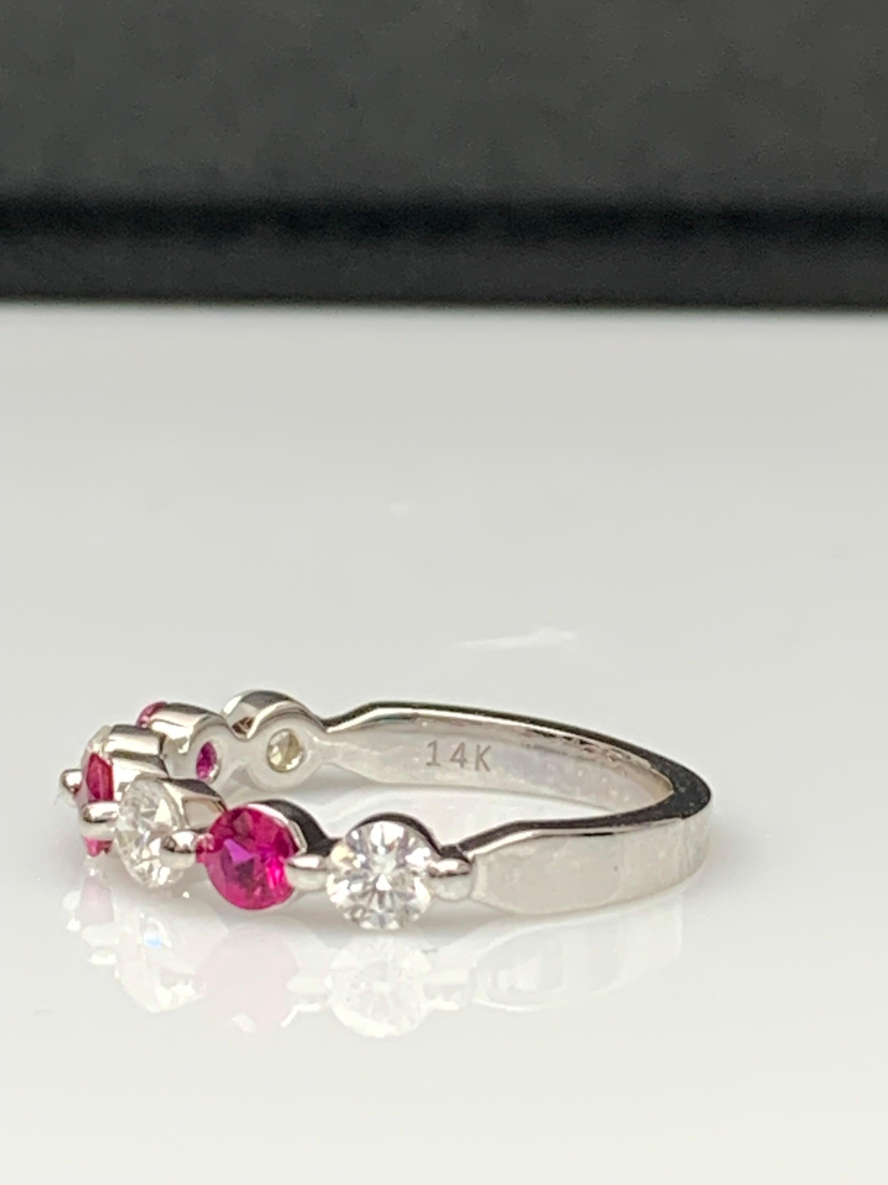 0.52 Carat Brilliant Cut Ruby and Diamond 7 Stone Wedding Band in 14K White Gold For Sale 5