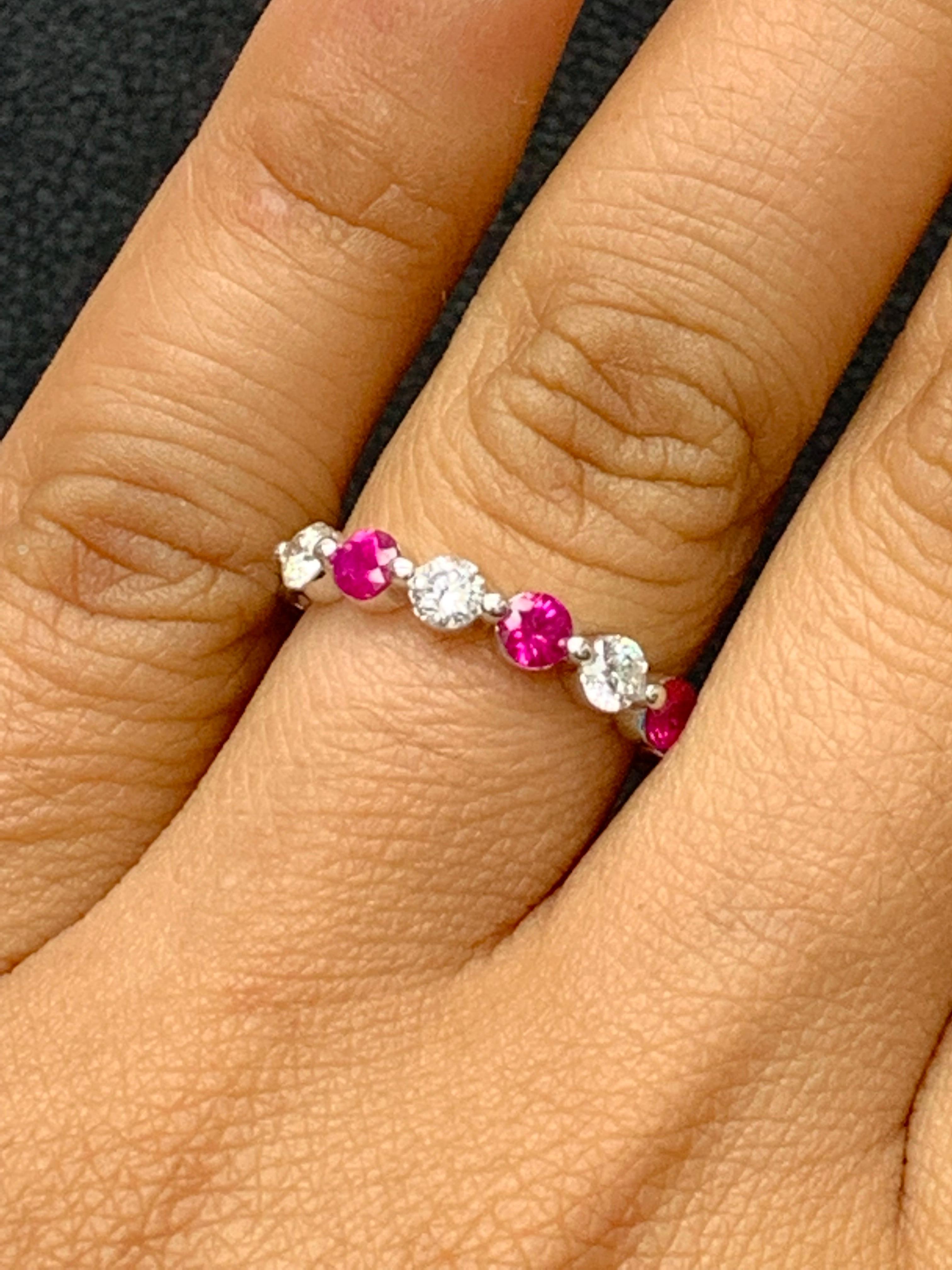 Contemporary 0.52 Carat Brilliant Cut Ruby and Diamond 7 Stone Wedding Band in 14K White Gold For Sale