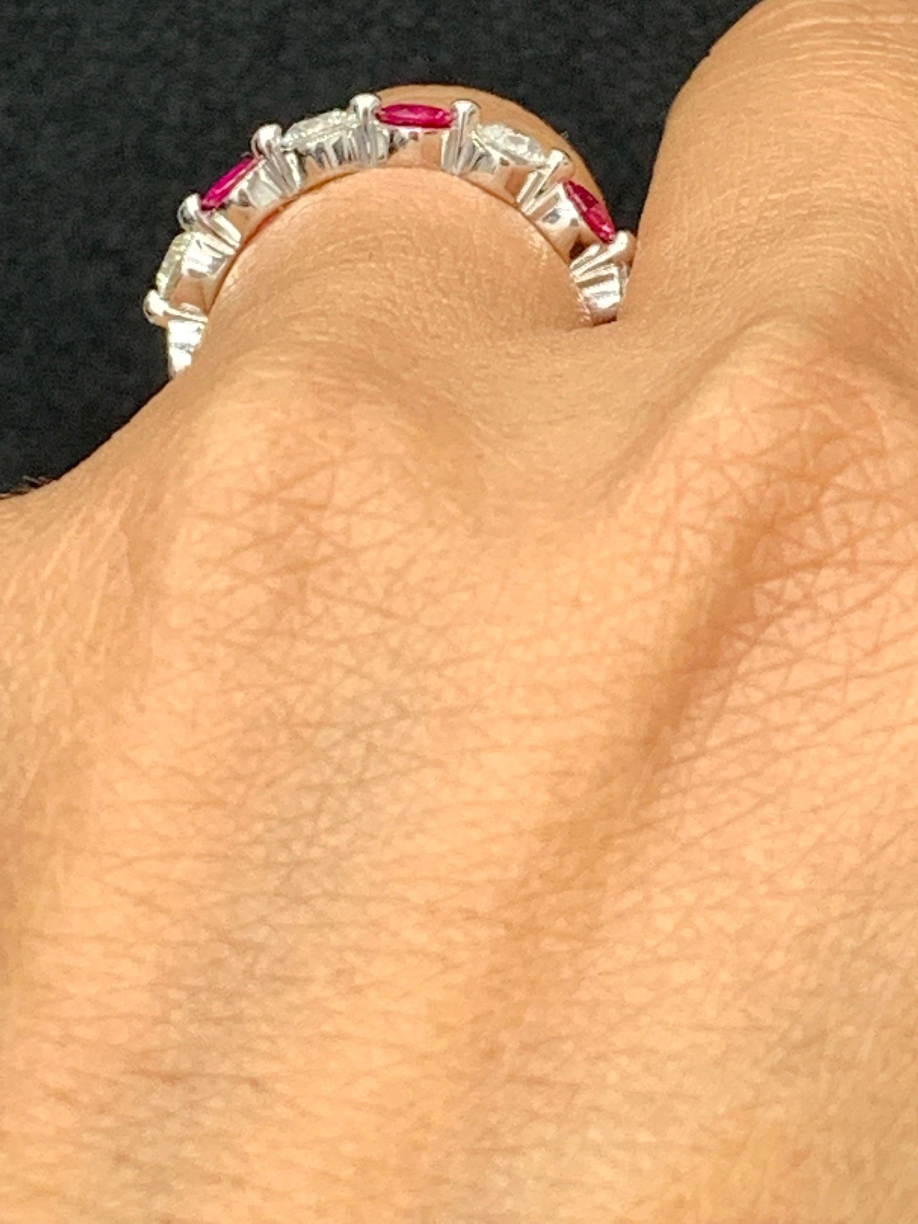 Women's 0.52 Carat Brilliant Cut Ruby and Diamond 7 Stone Wedding Band in 14K White Gold For Sale
