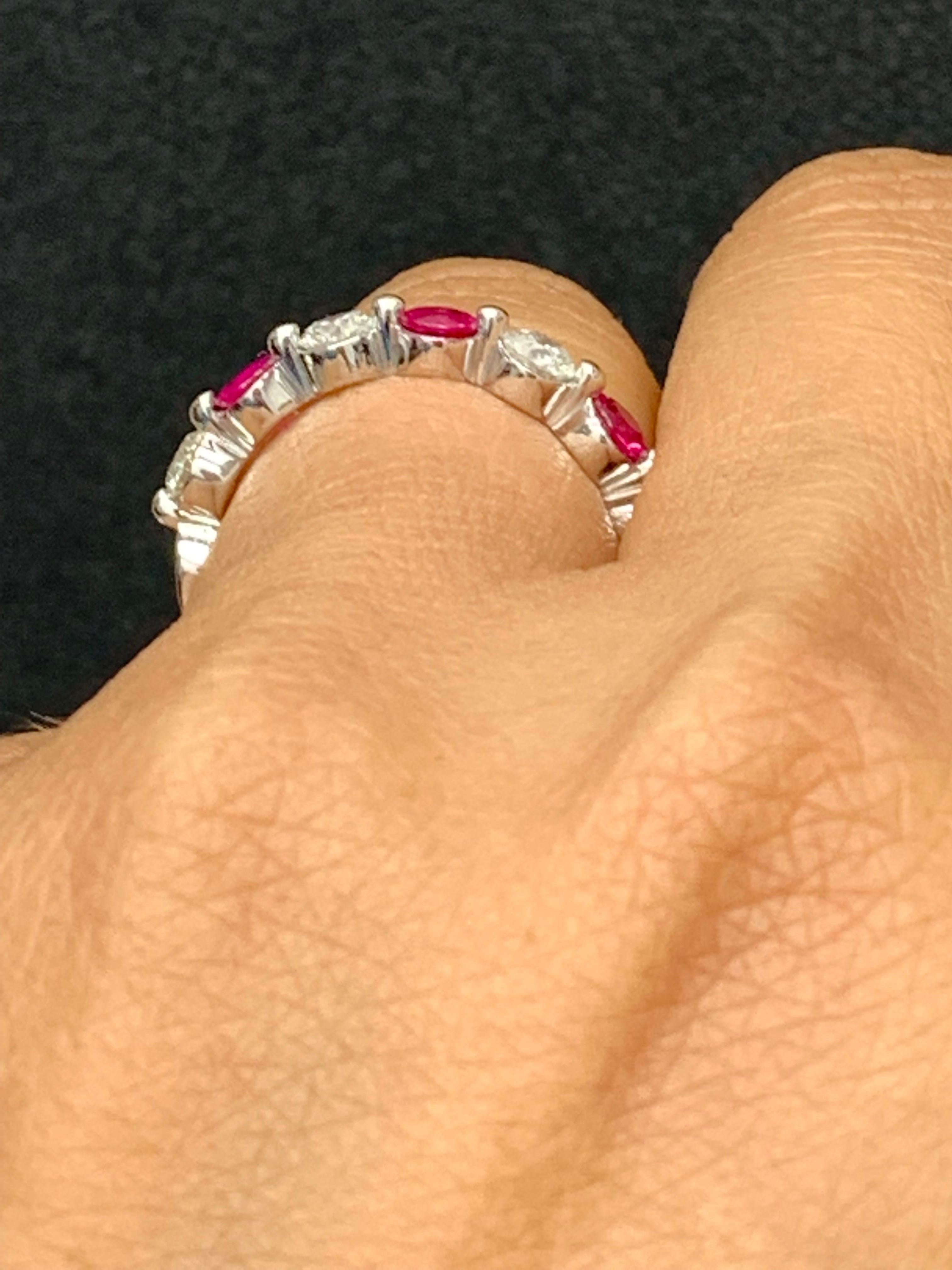 0.52 Carat Brilliant Cut Ruby and Diamond 7 Stone Wedding Band in 14K White Gold For Sale 1