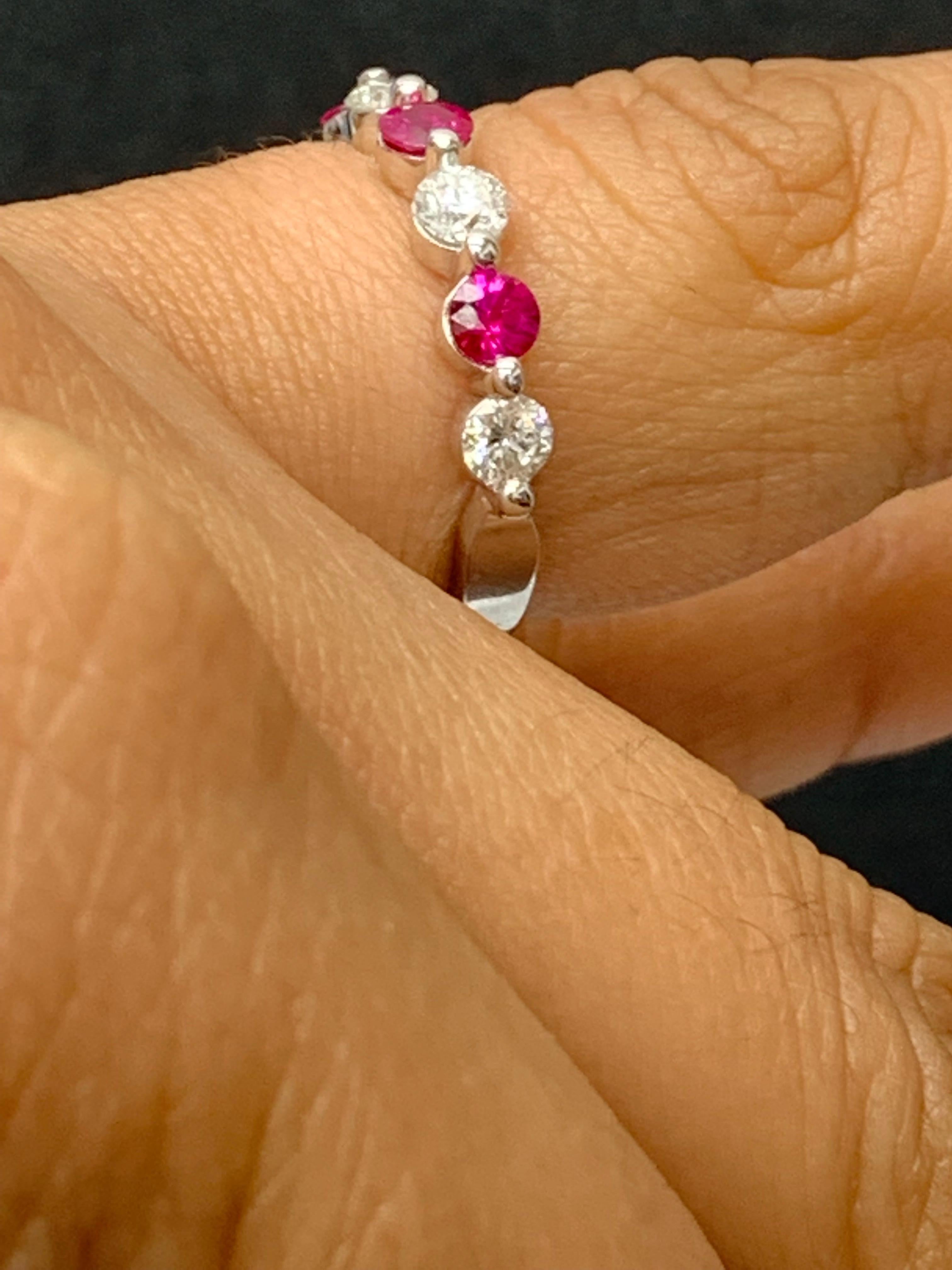 0.52 Carat Brilliant Cut Ruby and Diamond 7 Stone Wedding Band in 14K White Gold For Sale 2