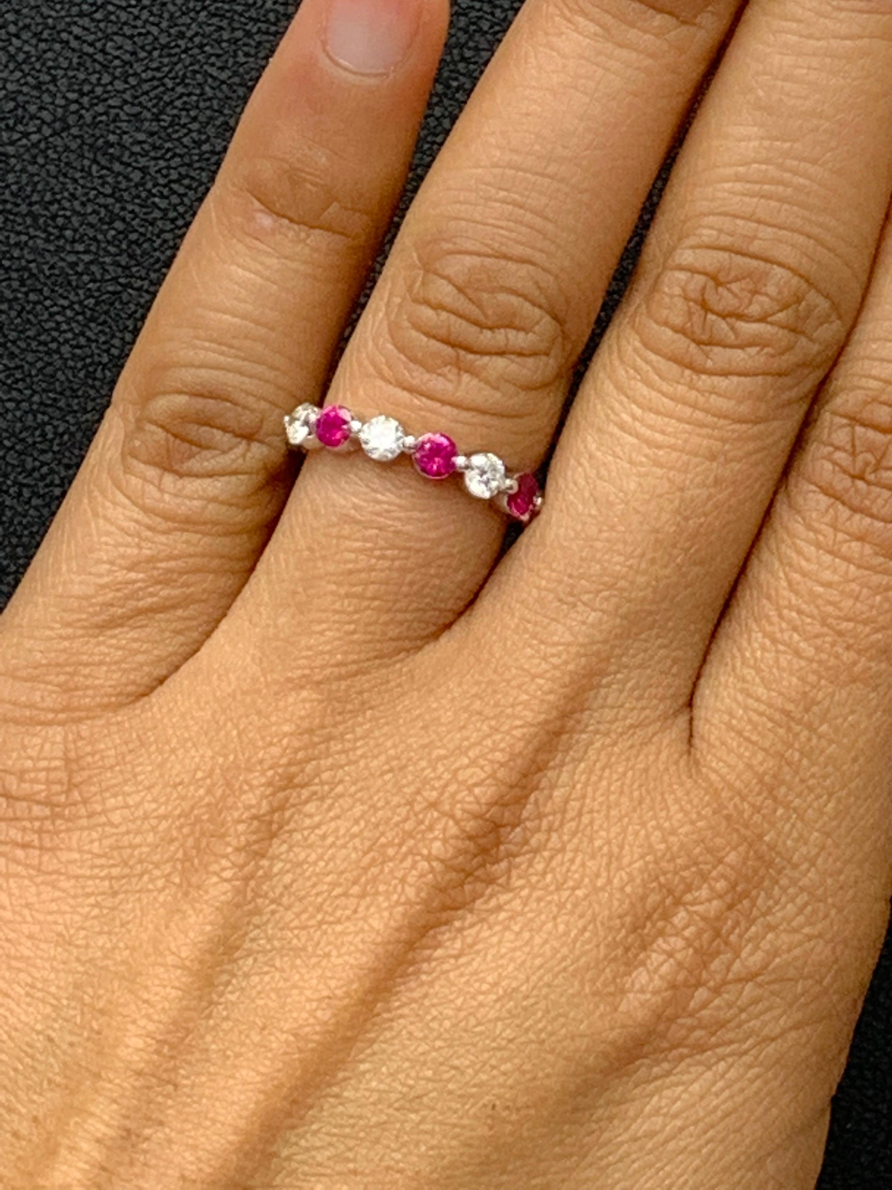 0.52 Carat Brilliant Cut Ruby and Diamond 7 Stone Wedding Band in 14K White Gold For Sale 3