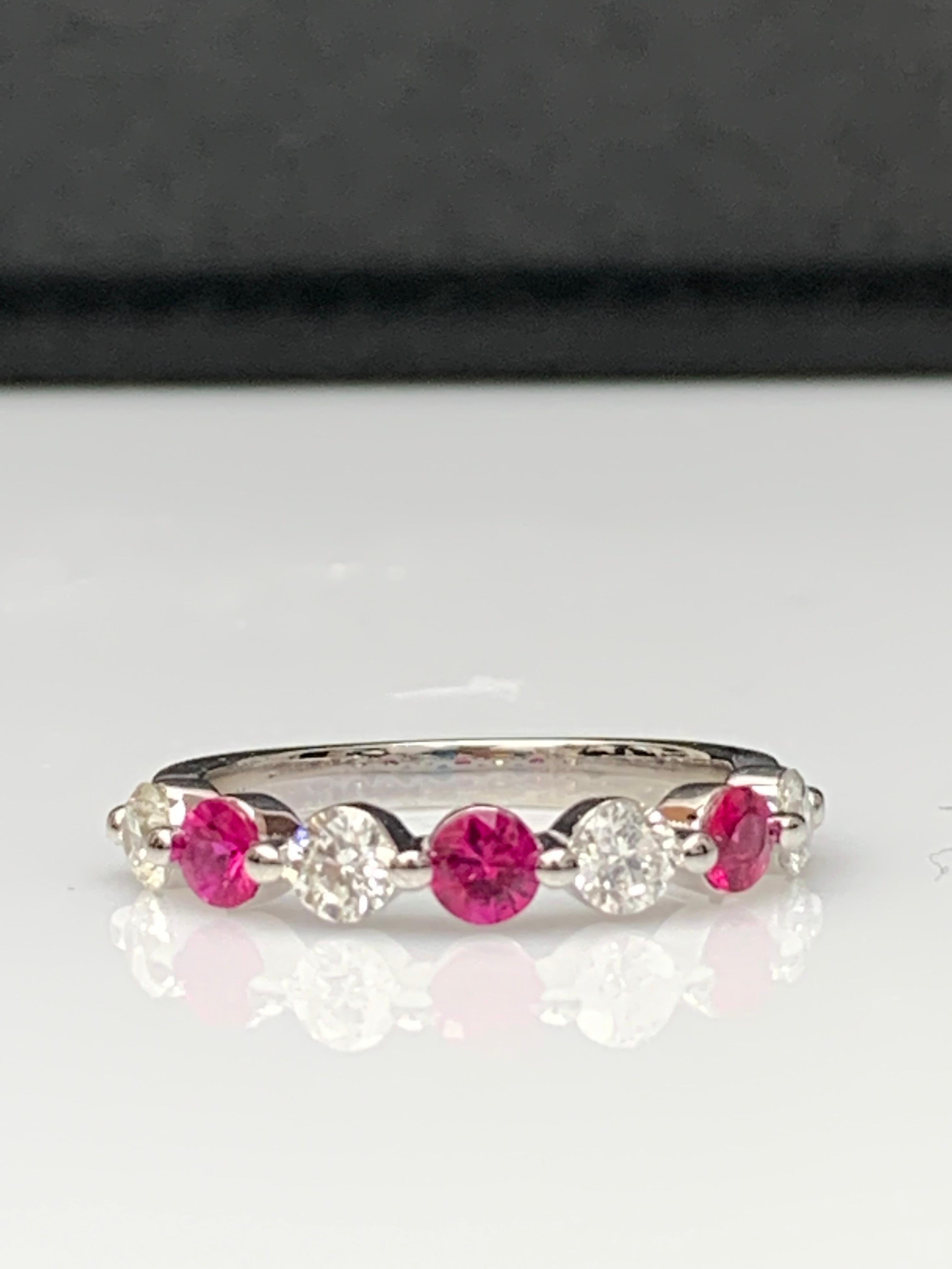0.52 Carat Brilliant Cut Ruby and Diamond 7 Stone Wedding Band in 14K White Gold For Sale 4