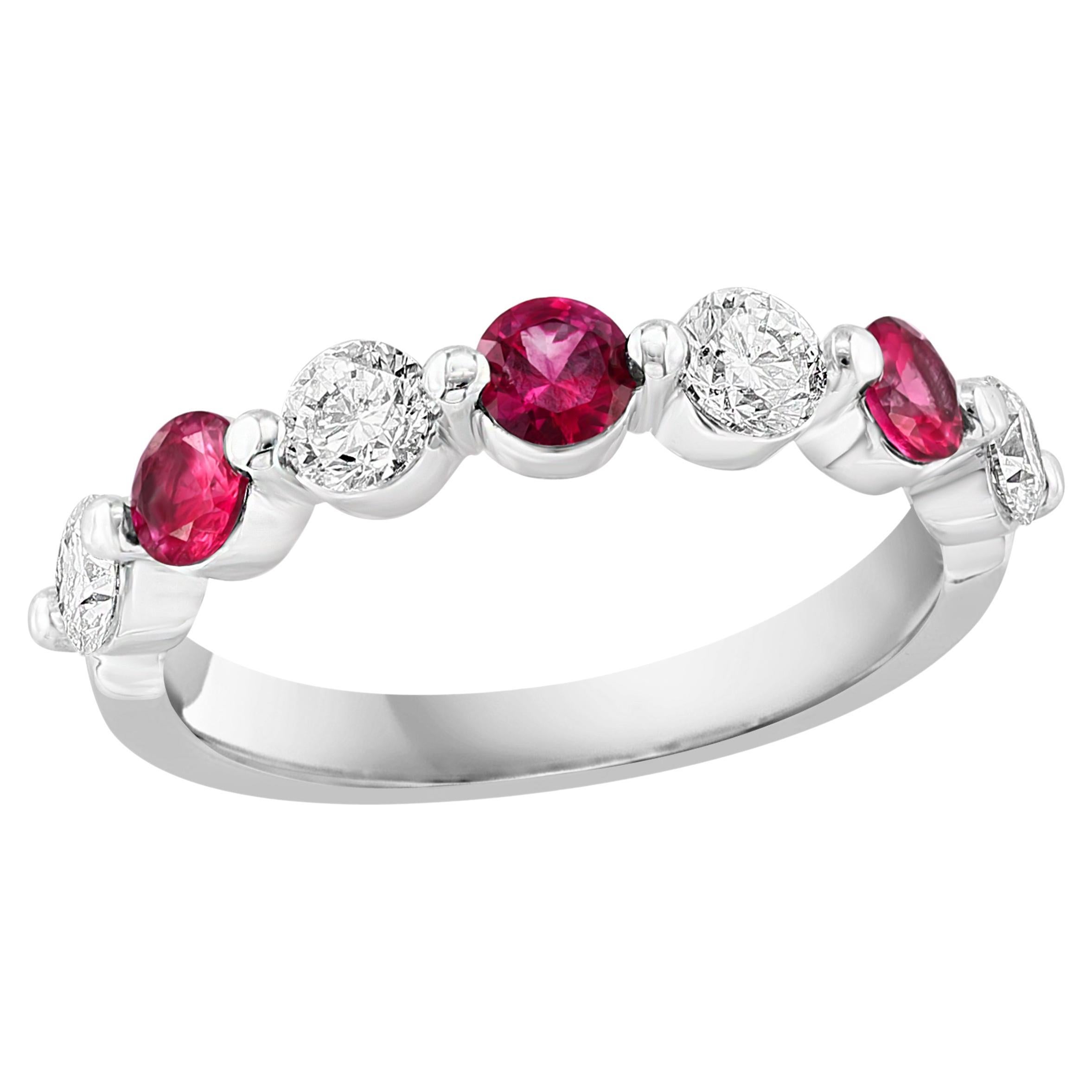 0.52 Carat Brilliant Cut Ruby and Diamond 7 Stone Wedding Band in 14K White Gold