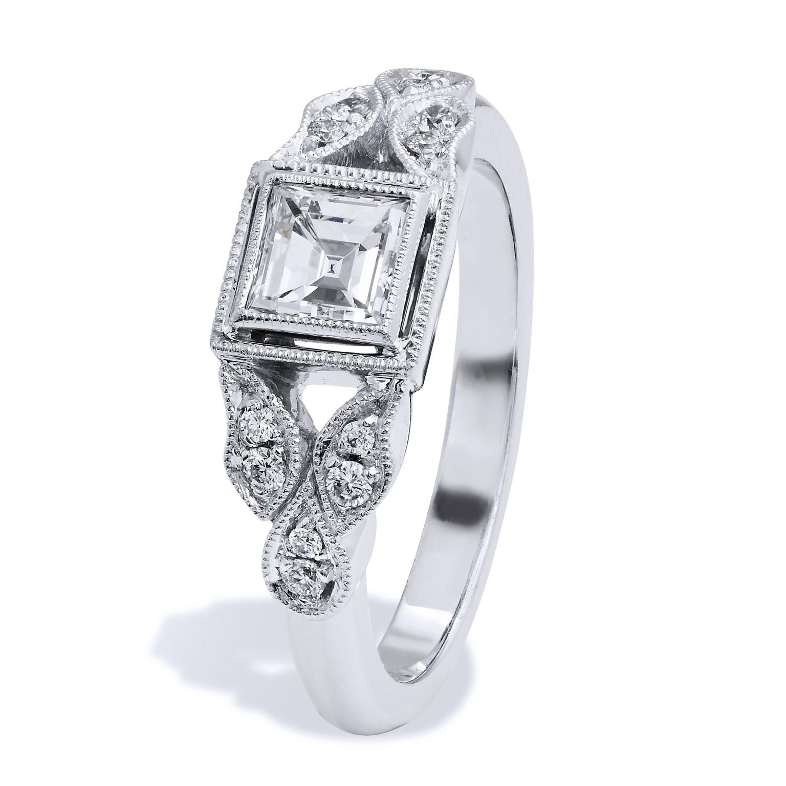Handmade 0.52 Carat Carre Cut Diamond Solitaire Engagement Ring

This 18 karat white gold ring features a 0.52 carat Carre cut diamond at center (G/H/VS; 4.50 mm x 4.45 mm).  Carre cut diamonds are those rough diamonds that have a pyramid shape with