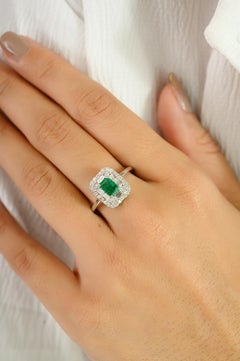 0.52 Carat Deep Green Emerald Diamond Engagement Ring in 14k Solid White Gold