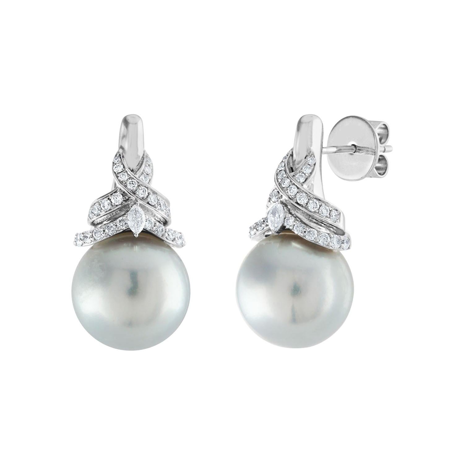0.52 Carat Diamond and South Sea Pearls Gold Earrings For Sale