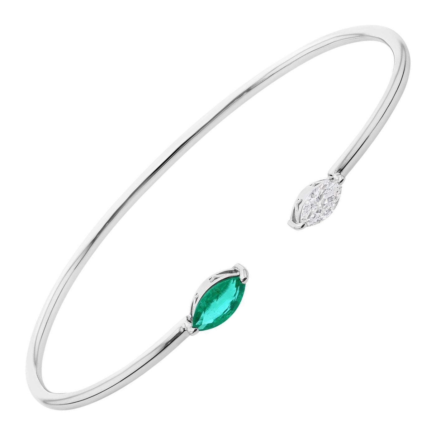 0.52 Carat Emerald 0.31 Ct SI/H Diamond Cuff Bangle Bracelet 14 Karat White Gold For Sale