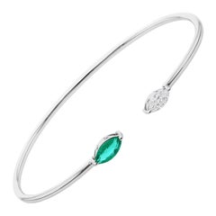 0.52 Carat Emerald 0.31 Ct SI/H Diamond Cuff Bangle Bracelet 14 Karat White Gold