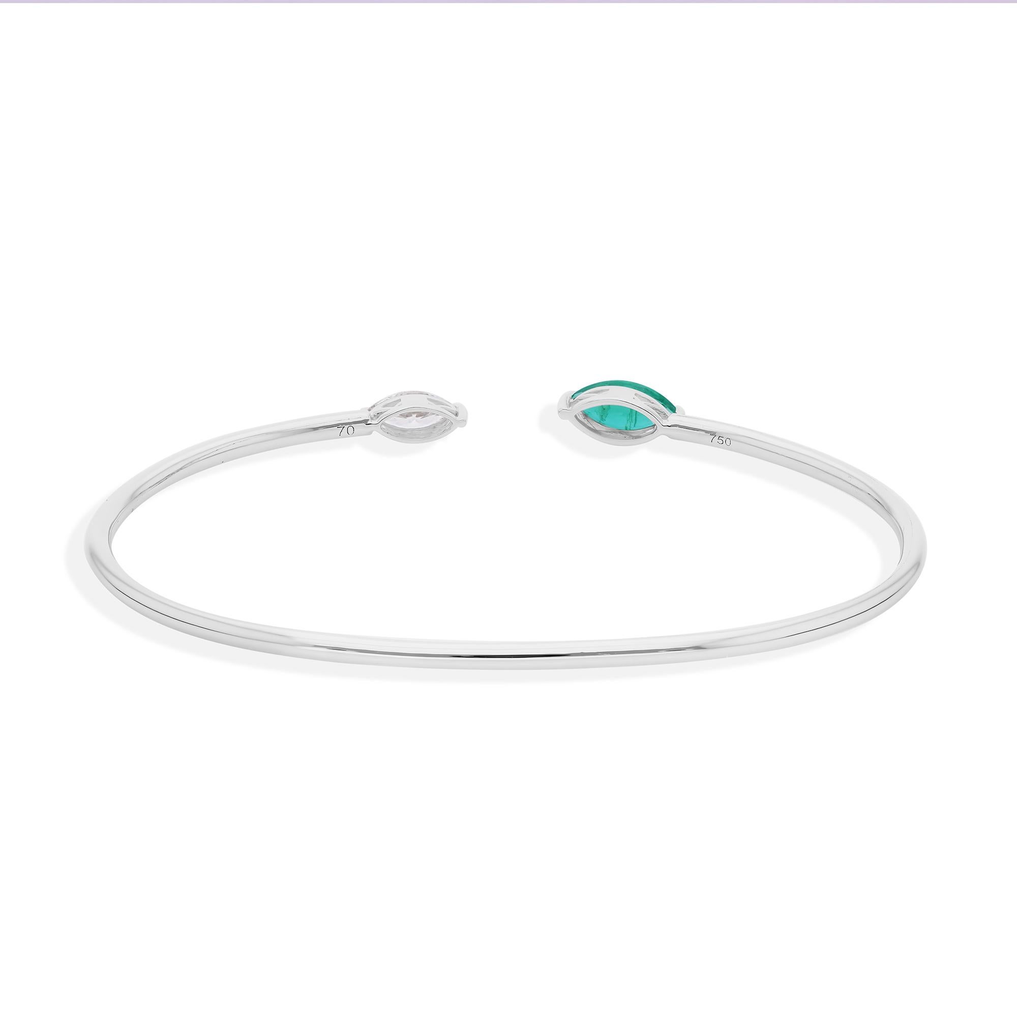 0.52 Carat Emerald 0.31 Ct SI/H Diamond Cuff Bangle Bracelet 18 Karat White Gold For Sale 1