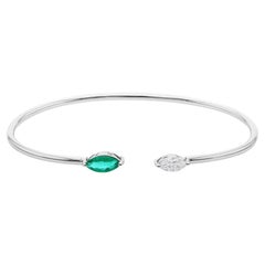 0.52 Carat Emerald 0.31 Ct SI/H Diamond Cuff Bangle Bracelet 18 Karat White Gold