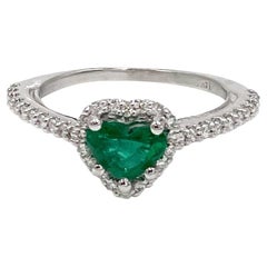 0.52 Carat Emerald Heart Ring with 0.28 Ct Round Diamond Halo in 14K White Gold