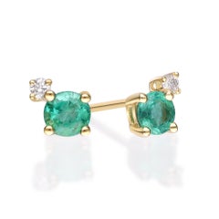 0.52 Carat Emerald Round Cut Diamond Accents 10K Yellow Gold Stud Earring