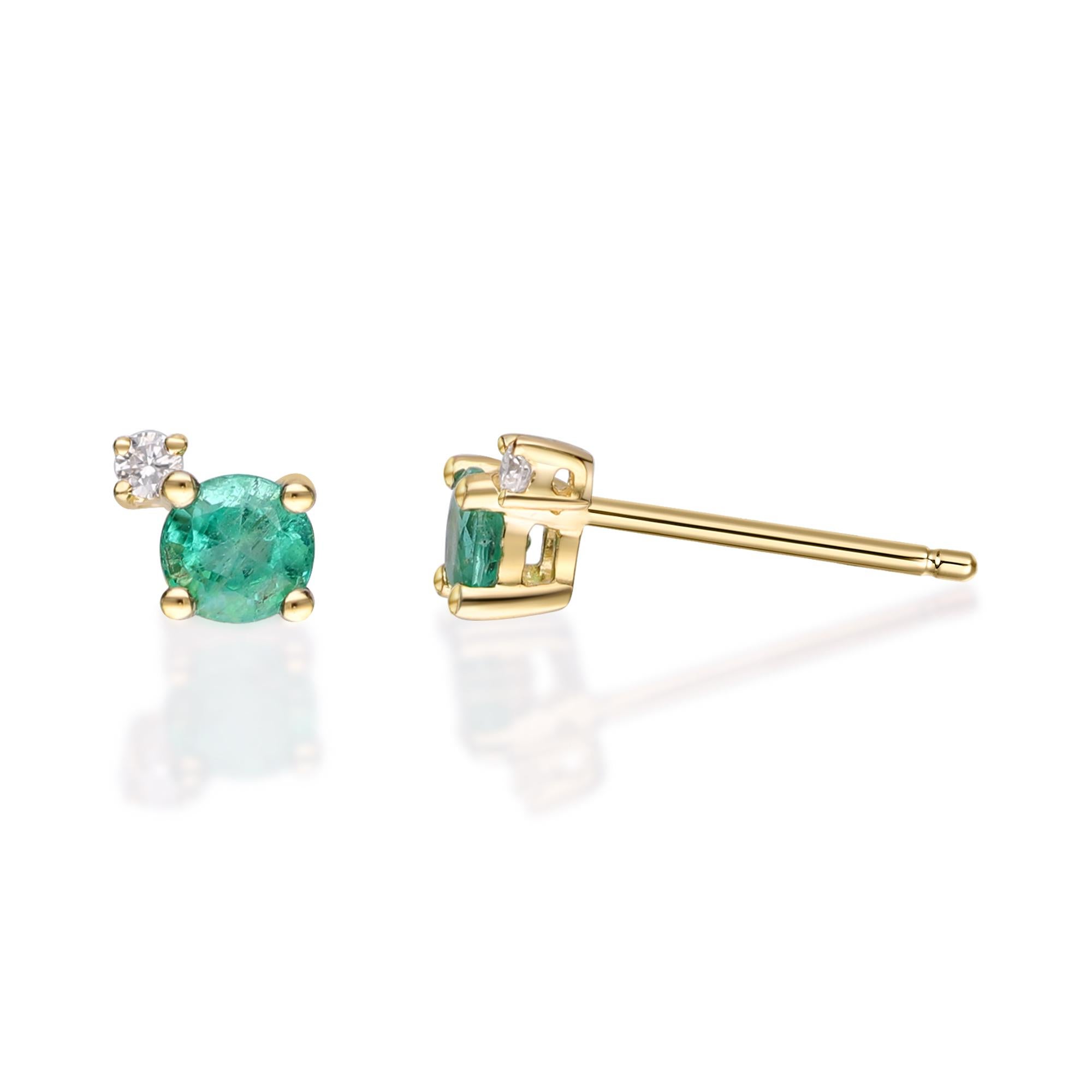 Art Deco 0.52 Carat Emerald Round Cut Diamond Accents 10K Yellow Gold Stud Earring For Sale