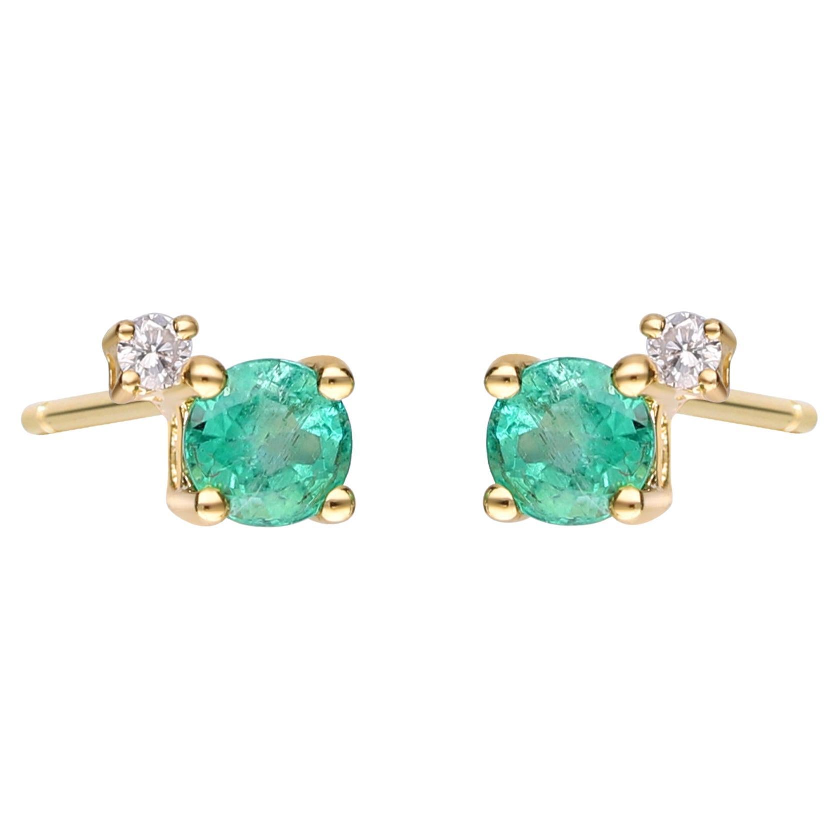 0.52 Carat Emerald Round Cut Diamond Accents 10K Yellow Gold Stud Earring