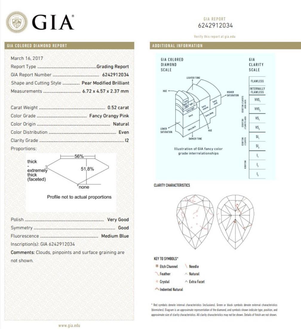 0.52 Carat Fancy Orangy Pink Pear Cut Diamond I2 Clarity GIA Certified For Sale 2