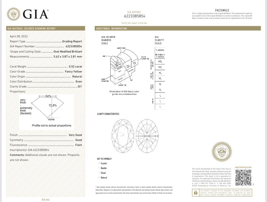 Diamant jaune fantaisie de 0,52 carat de forme ovale de pureté SI1 certifié GIA en vente 1
