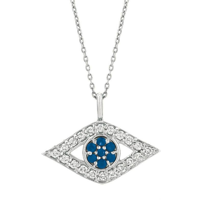 Contemporary 0.52 Carat Natural Diamond & Sapphire Evil Eye Pendant Necklace 14K White Gold For Sale