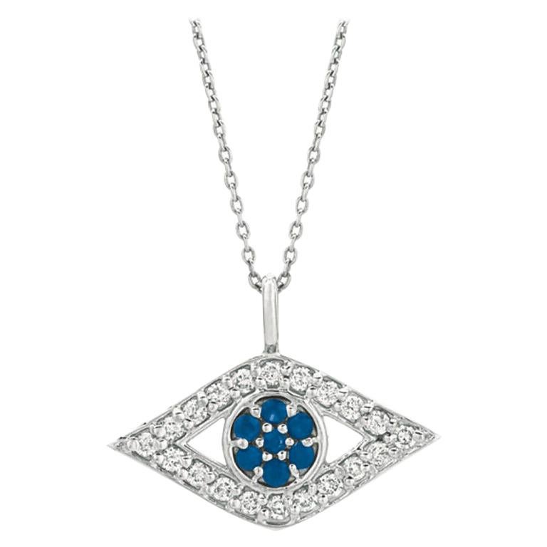 0.52 Carat Natural Diamond & Sapphire Evil Eye Pendant Necklace 14K White Gold For Sale
