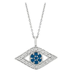 0.52 Carat Natural Diamond & Sapphire Evil Eye Pendant Necklace 14K White Gold